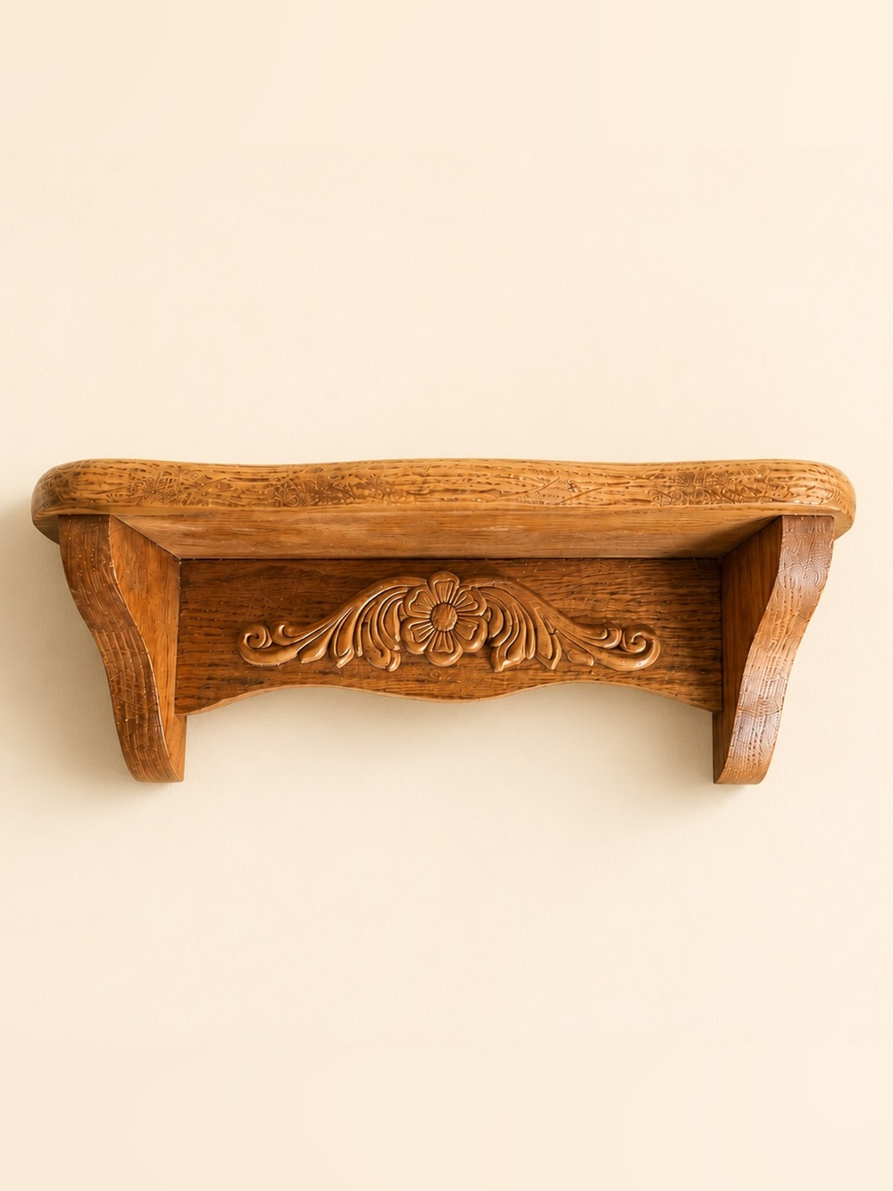 Vintage Handmade Floral Daisy Solid Walnut Wood Accent Wall Shelf Beveled Curves